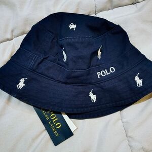 Polo Ralph Embroidered Lauren Navy Bucket Hat All Over Pony BNWT Size S/M
